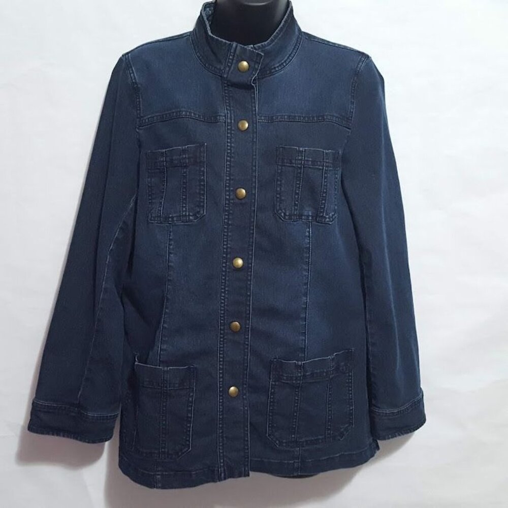 J. Jill Women's Small Denim Jacket Blue Snaps Pockets Stretch Stand Collar